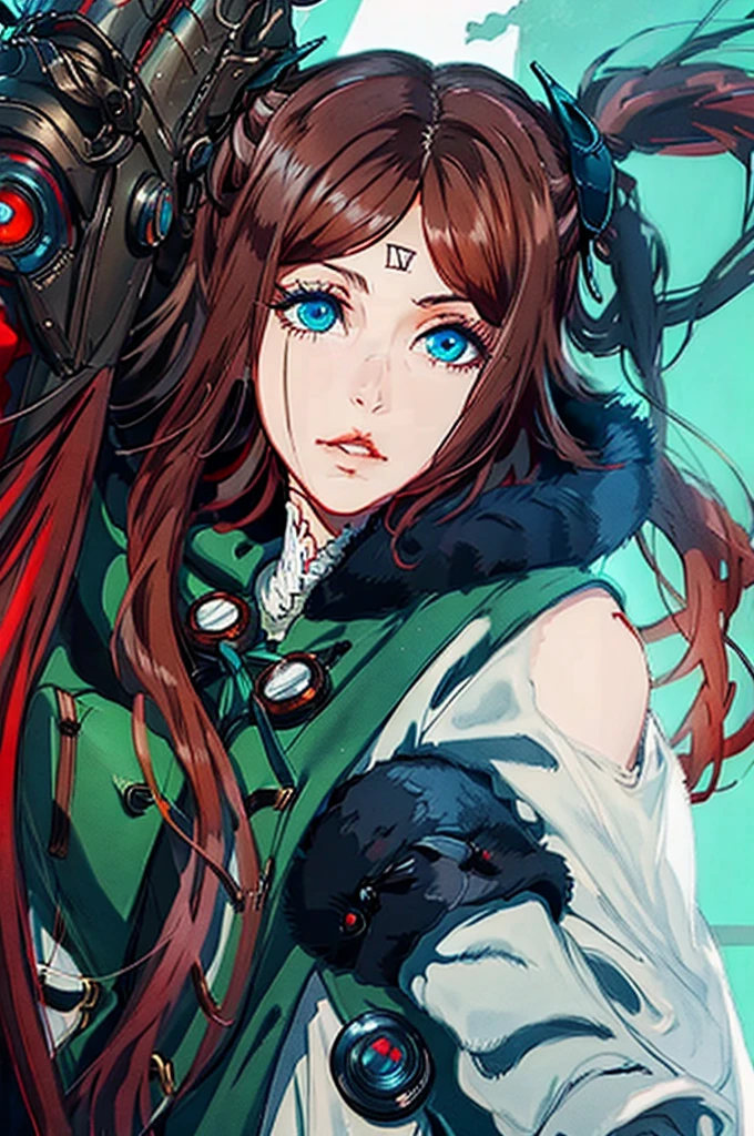 Extremely beautiful adult woman, long curly graphite hair, red mouth, blue colored eyes, looking very seriously at the viewer, red jacket, background azul aombreado.