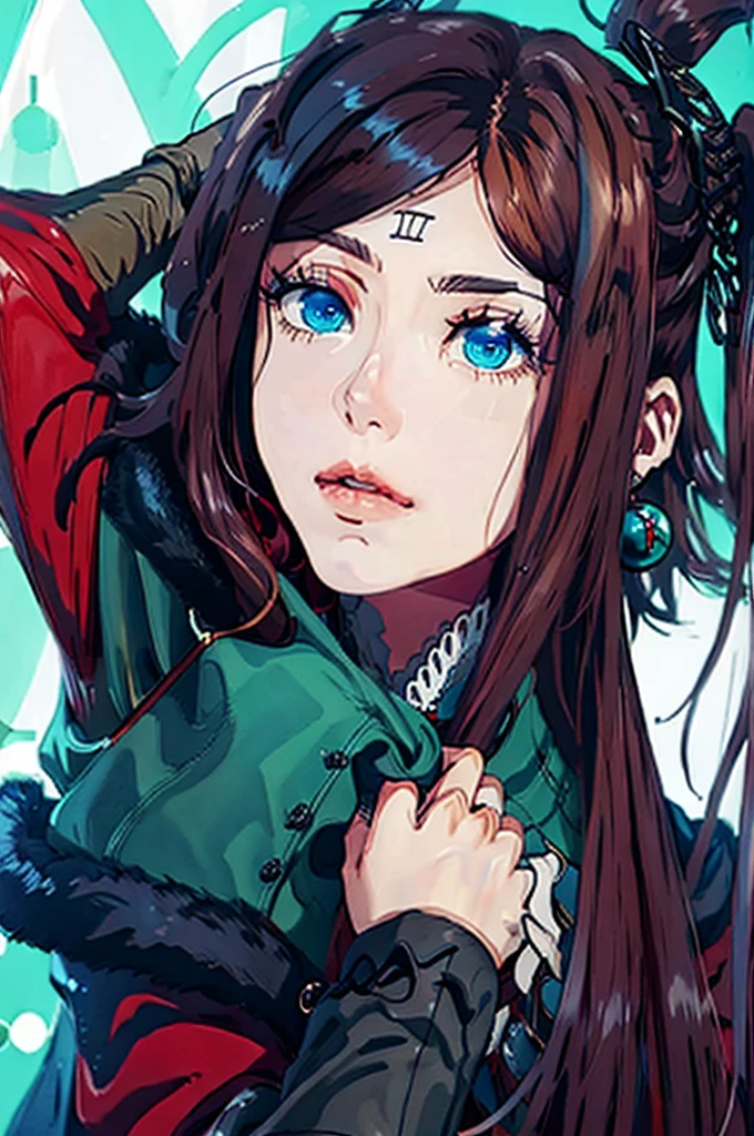 Extremely beautiful adult woman, long curly graphite hair, red mouth, blue colored eyes, looking very seriously at the viewer, red jacket, background azul aombreado.