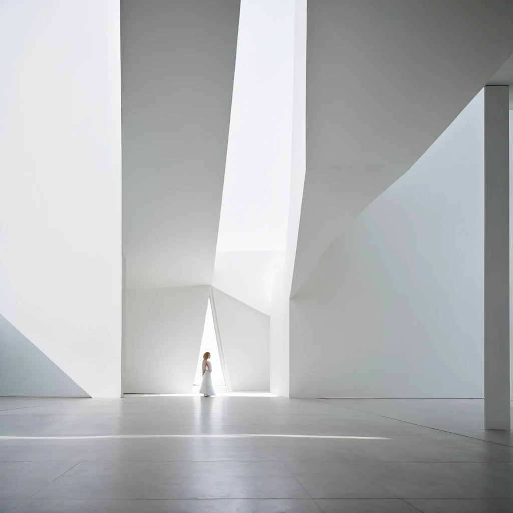 short white hair women the background of a minimalist beautiful white architecture