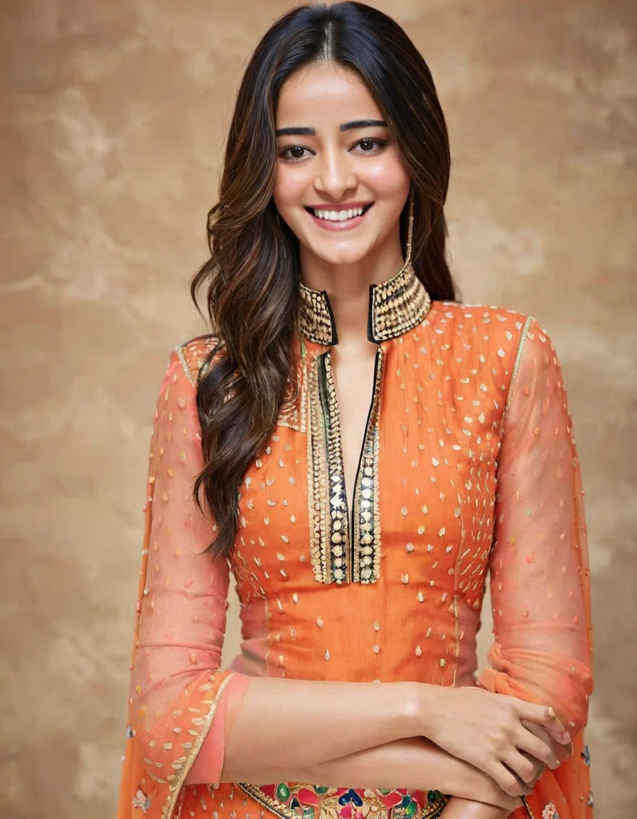 hires headshot photo of ananya pandey woman, studio quality, looking straight at viewer, detailed ethnic dress with high collar, laughing, background bokeh  