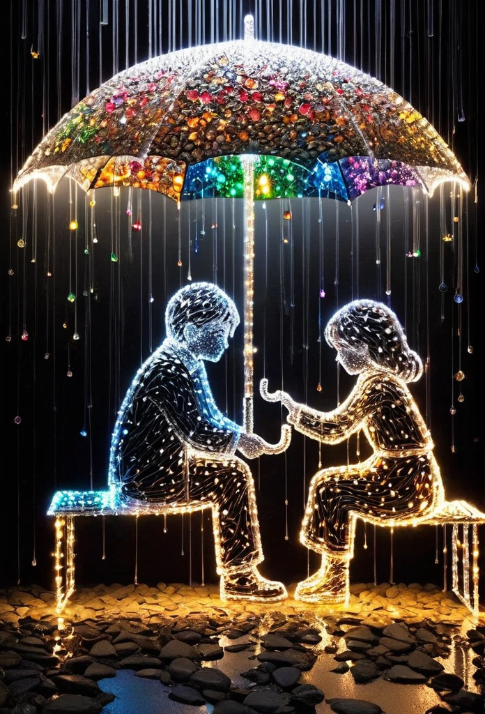 Crystal lighting effect Lights made of small colored stones combined with human-shaped beam layer wire saw , The kind and gentle scene where the man accidentally gave an umbrella to the sad girl sitting in the rain，It is cleverly shaped with thin rays of light..Background gloosy black wall