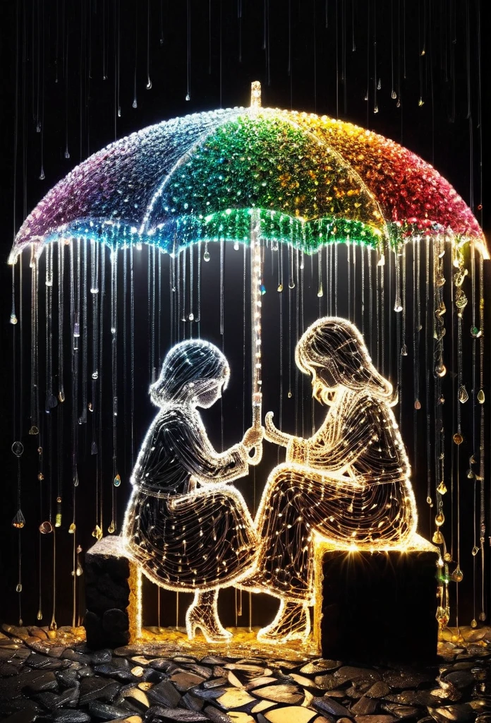 Crystal lighting effect Lights made of small colored stones combined with human-shaped beam layer wire saw , The kind and gentle scene where the man accidentally gave an umbrella to the sad girl sitting in the rain，It is cleverly shaped with thin rays of light..Background gloosy black wall