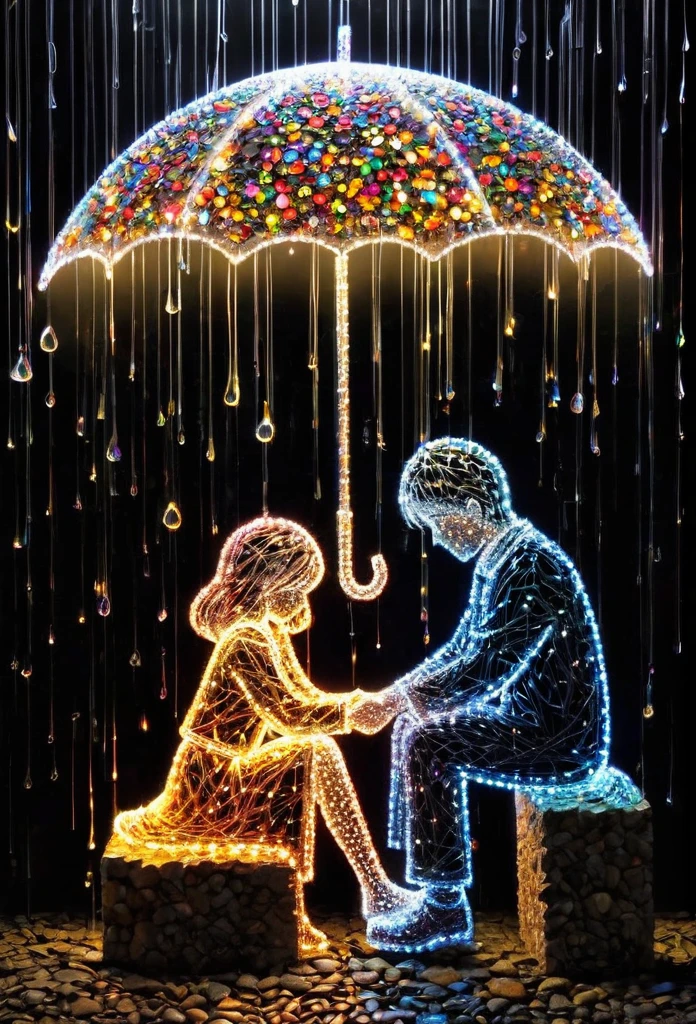 Crystal lighting effect Lights made of small colored stones combined with human-shaped beam layer wire saw , The kind and gentle scene where the man accidentally gave an umbrella to the sad girl sitting in the rain，It is cleverly shaped with thin rays of light..Background gloosy black wall