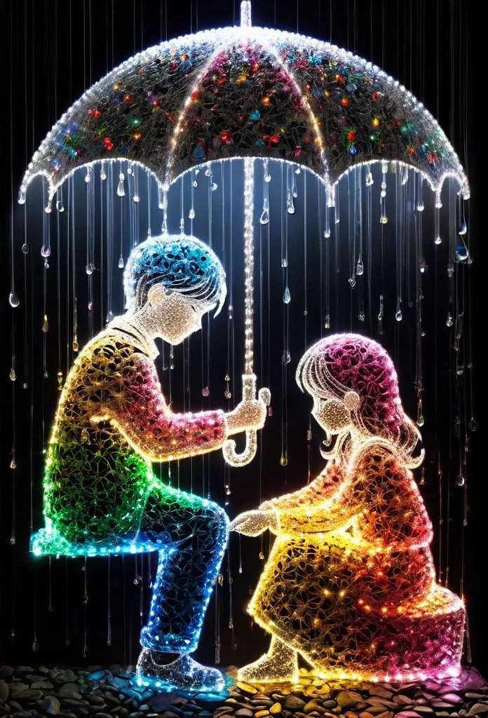 Crystal lighting effect Lights made of small colored stones combined with human-shaped beam layer wire saw , The kind and gentle scene where the man accidentally gave an umbrella to the sad girl sitting in the rain，It is cleverly shaped with thin rays of light..Background gloosy black wall