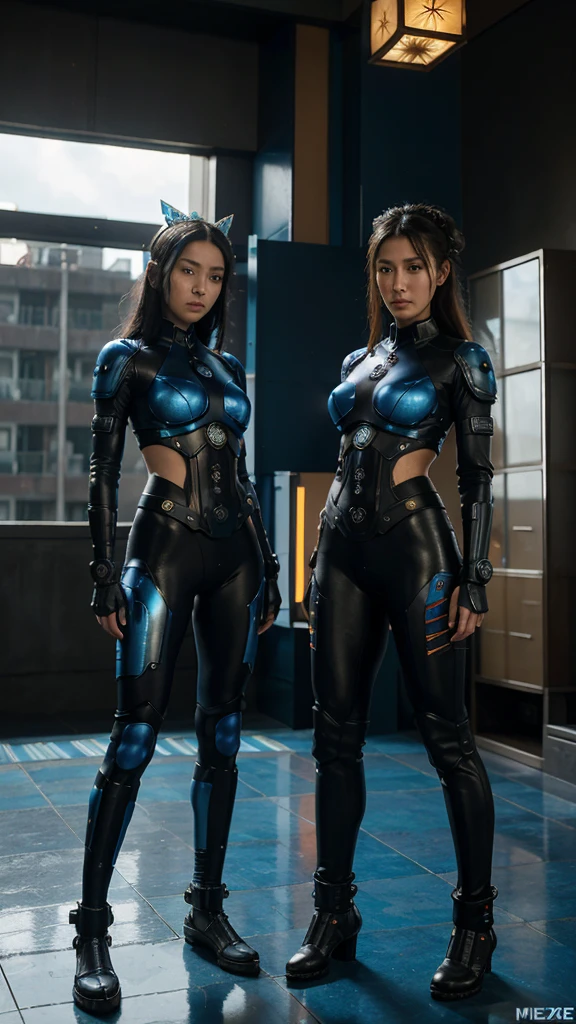 two women in costumes are standing in a room, the mechanical lady, Prometheus static framework, blue body paint, cyberpunk ornaments, Aztec empress, Cinematic details, guards, balcony scene, solarpunk, Lt. León Wyczółkowski, sisters, japanese cgi, Kazakh empress, character closeup  