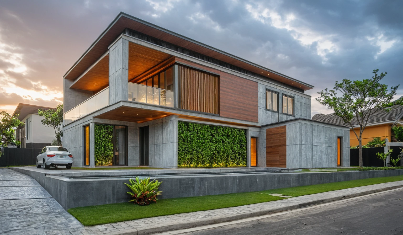 modern villa on the street, (overcast lighting:1.2), tropical plants, vivid colors, streetscape, beautiful sky, gray concrete walls and wood, (large glass doors:1.2), warm interior lighting, modern materials, best quality, extremely realistic, masterpiece , 17ArchiAI_XL_VL-v1