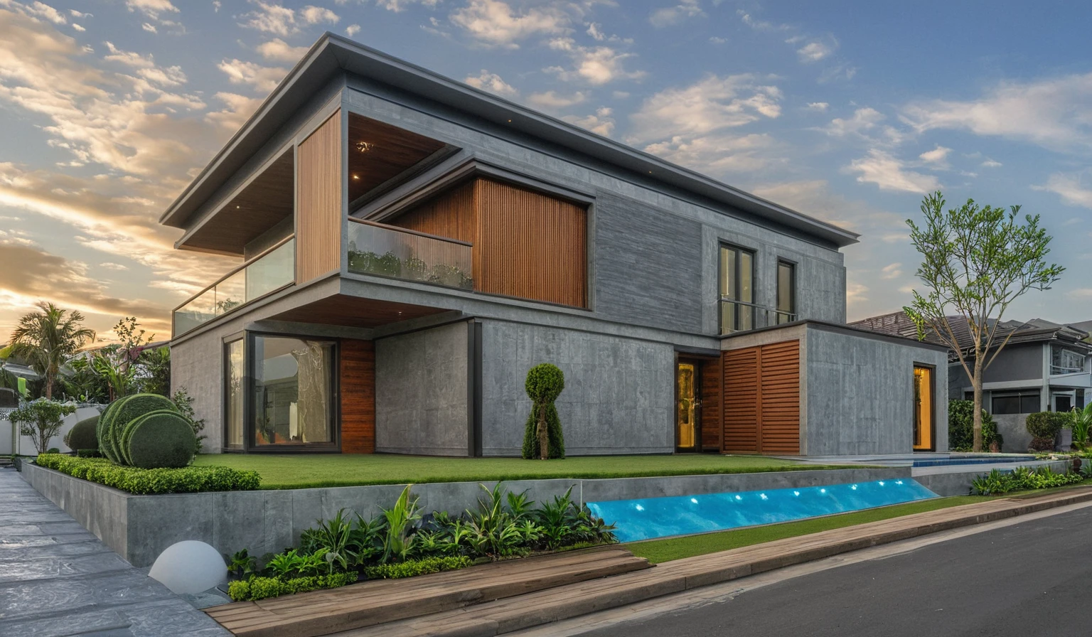 modern villa on the street, (overcast lighting:1.2), tropical plants, vivid colors, streetscape, beautiful sky, gray concrete walls and wood, (large glass doors:1.2), warm interior lighting, modern materials, best quality, extremely realistic, masterpiece , 17ArchiAI_XL_VL-v1