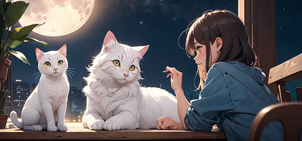 cat girl with brown-red hair with a white cat and moon

