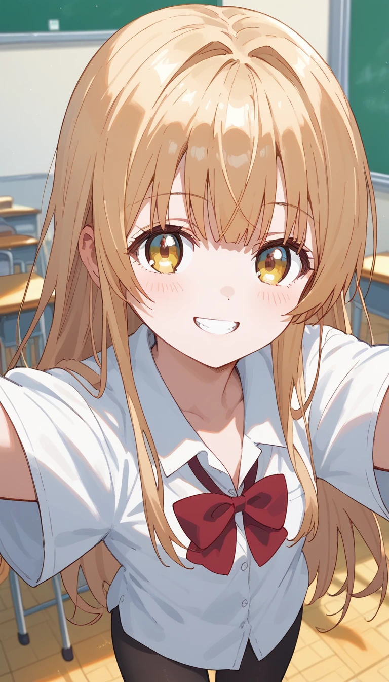 masterpiece,Ultra HD,score_4_onBREAK source_anime,可愛いanimeイラスト, masterpiece,high resolution,smile,alone,mahirushiina,One girl,Blonde,Long Hair,Selfie pose,Close your mouth,Show your underwear,White shirt,Red bow tie,black tights,School,classroom,nsfw,