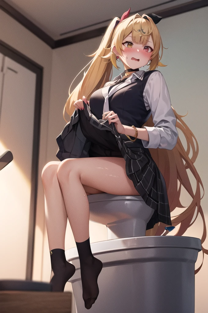 masterpiece, Highest quality, High resolution, HS1, Red eyes, Pee、Oshitsuko、leak、Yellow Eyes, Side Ponytail, X Hair Ornament, Thigh straps, Front tie top, Hair Ribbon, Pantyhose Straps, White shirt, Black Choker, Open jacket, (Famous Women)、((Highest quality))、(Very detailed)、One Girl、((toilet))、((toilet))、feetを広げて、Pussy,Browsing Caution,peace sign、pubic hair、Tabletop, Highest quality, uniform, School, High Girl, 裸feet, Sitting at a desk, Thin legs、、skirt、Earrings、舌Earrings、Drooling、Wet uniform、発Sweat、Even you、Earrings、Earrings、スタッドEarrings、Black Choker、Loose tie、socks、Seraphim、Beaded Bracelets、Scrunchies on the wrist、Long nails、Open your mouth、Laughter、Cleavage、Perfect hands、Hand Detail、Fixed finger、look up_Al_audience、Highest quality、Rich details、Perfect image quality、Browsing Caution,Pussy juice,at last:1.5NSFW,(skirt lift:1.3),feetを広げる,(Pussyフォーカス:1.3),指でSpreading pussy,Wide open pussy,syphilis,(Love Juice String:1.3),(Pussyを覗く:1.4)Browsing Caution,裸feet, feet, (Fingering:1.3),(feetを広げる:1.4),(Spreading pussy:1.2), (Female masturbation:1.4),(Insert your finger into your pussy:1.3),(Open vagina, Vivid cat, High quality vagina:1.3) (messy bed room, Used tissue:1.35), (Embarrassing,blush:1.3), Sweat, (A face stunned with despair: 1.3),
