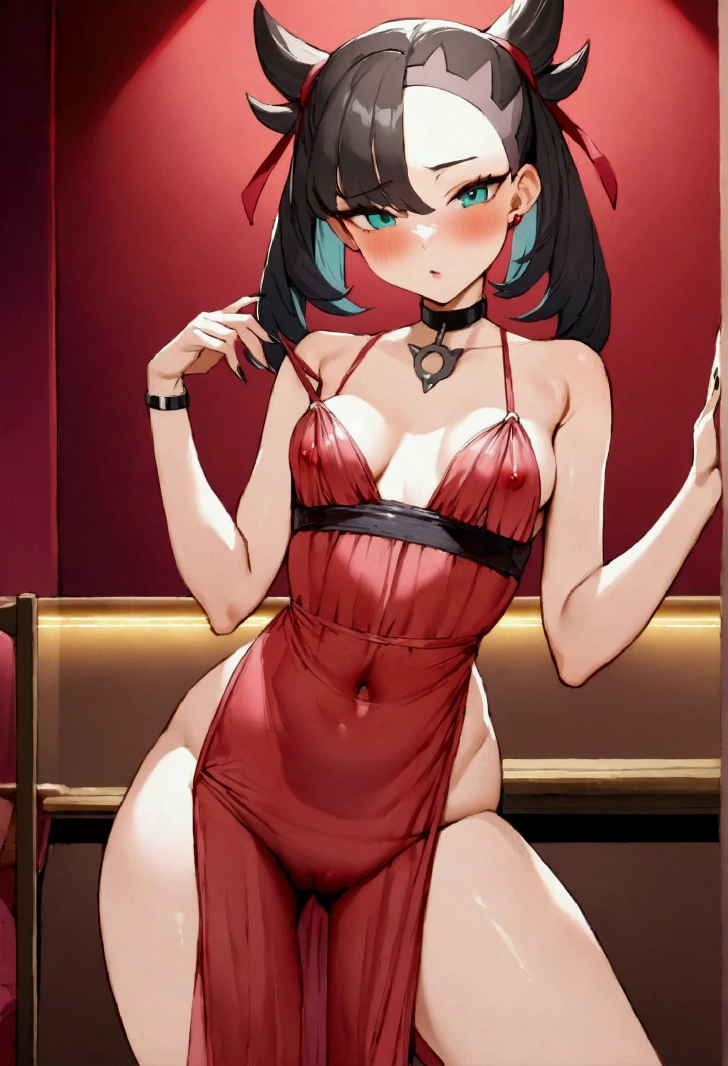 NSFW,masterpiece,Highest quality,High resolution,Super detailed,marnie_\(pokemon\),Aqua Eye, Black Choker, Red ribbon,(High quality sexy dress), jewelry,Small breasts,blush,Love Hotel at Night,Sexy pose,Seduce,Prostitute