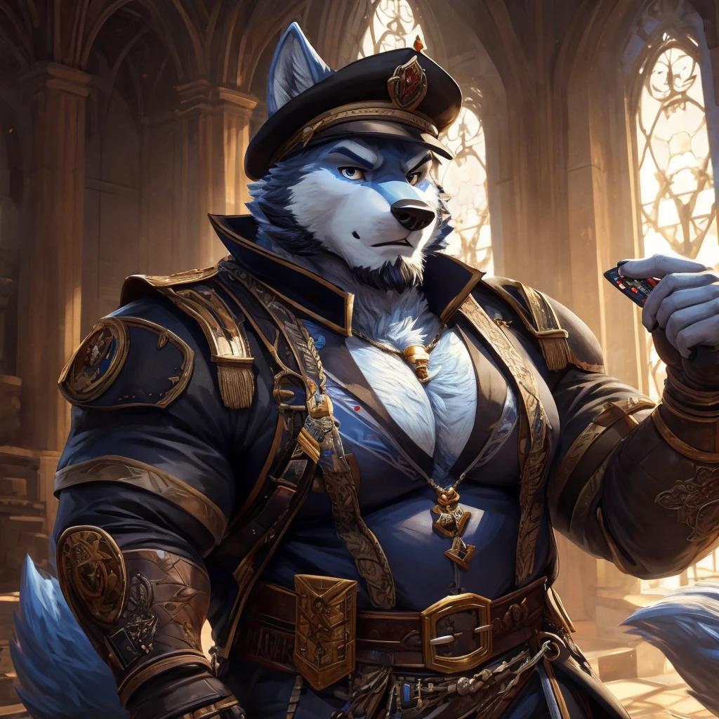 ((best quality)), ((masterpiece)), (Ultra detailed), ((4k)) , Solo , Anthro Wolf , Light Blue Fur , Black Short Hair , Short Beard , Handsone , Middle Ages , Big Pecs chest , Fat body, Agent Outfit , Black Front Cap , Cool Pose , Playing Game 