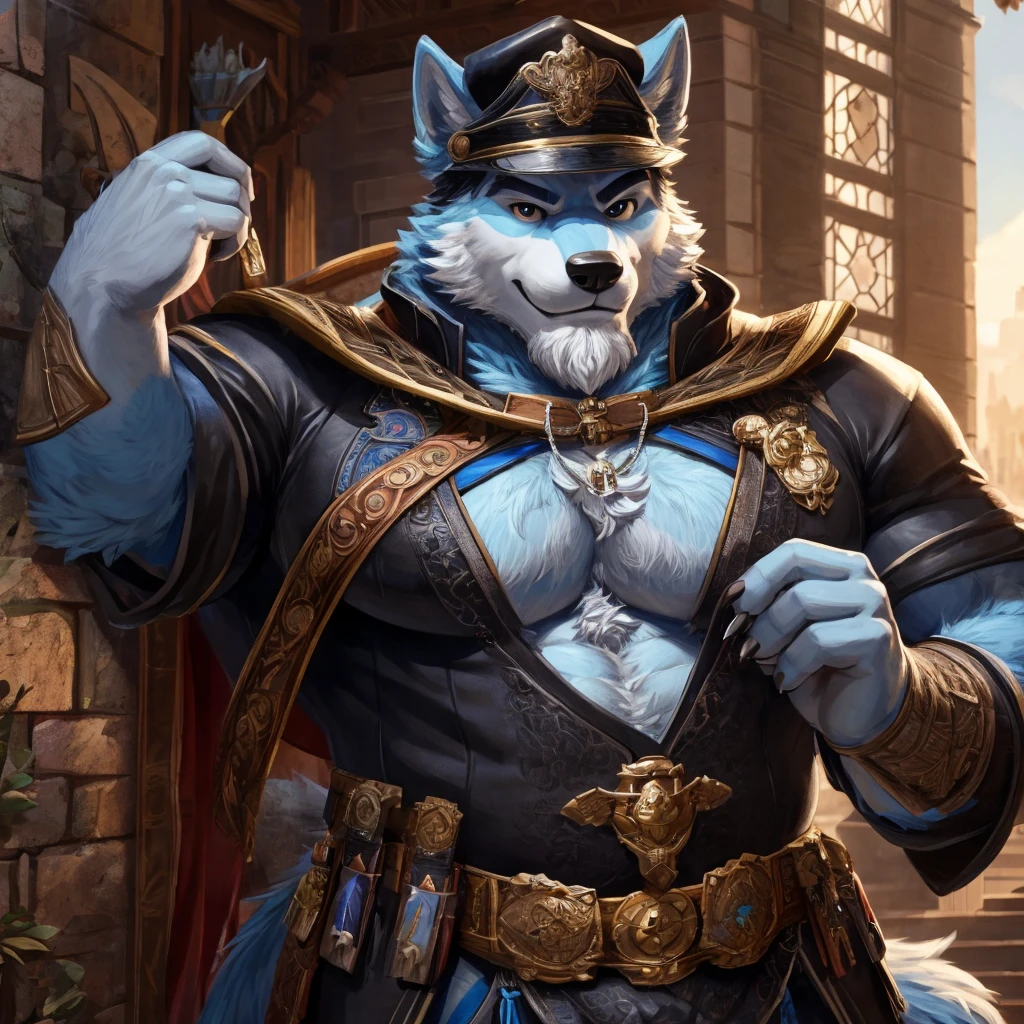 ((best quality)), ((masterpiece)), (Ultra detailed), ((4k)) , Solo , Anthro Wolf , Light Blue Fur , Black Short Hair , Short Beard , Handsone , Middle Ages , Big Pecs chest , Fat body, Agent Outfit , Black Front Cap , Cool Pose , Playing Game 