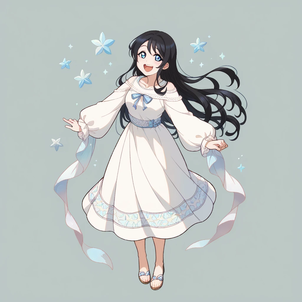 A girl, flowy white dress , clothes, black hair, blue eyes, happy, sparking, standing, long hair, full body