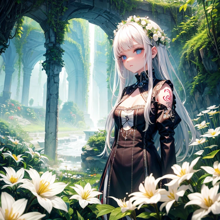 1 Girl, Solitary, White_hair, Tattoo, grotto, verdant, Flowers, beautiful, Idyllic, sublimation, absurd, Surrealism, Texture, Maximum_detail, Digital SLR Camera