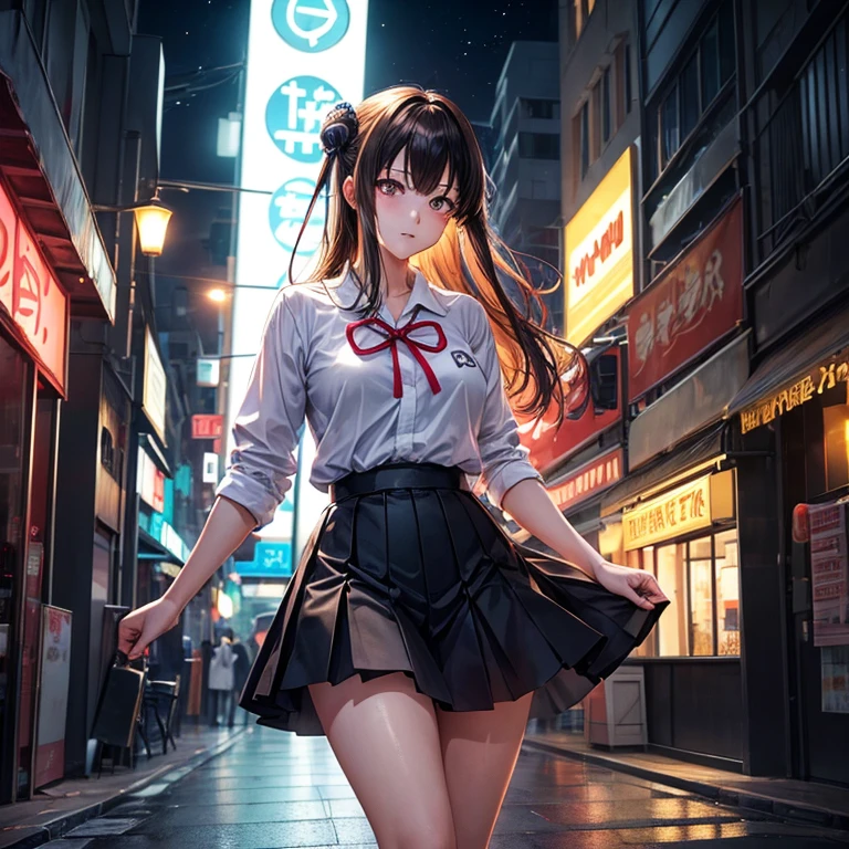 On the busy streets of Gintama，Wearing school uniform，Beautiful woman with hot girl makeup, There are vendors all around, Beautiful portrait of a stunning goddess girl, Beautiful and delicate face, Porcelain skin, Half-length photo, Center,(He is black,Umbilical cord:1.2),((moonlight,night,Big neon sign,Strong neon lights,Rim Light,Two-tone lighting))),