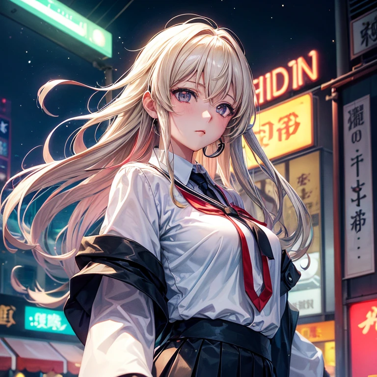 On the busy streets of Gintama,Wearing school uniform,Beautiful woman with hot girl makeup, There are vendors all around, Beautiful portrait of a stunning goddess girl, Beautiful and delicate face, Porcelain skin, Half-length photo, Center,(He is black,Umbilical cord:1.2),((moonlight,night,Big neon sign,Strong neon lights,Rim Light,Two-tone lighting))),