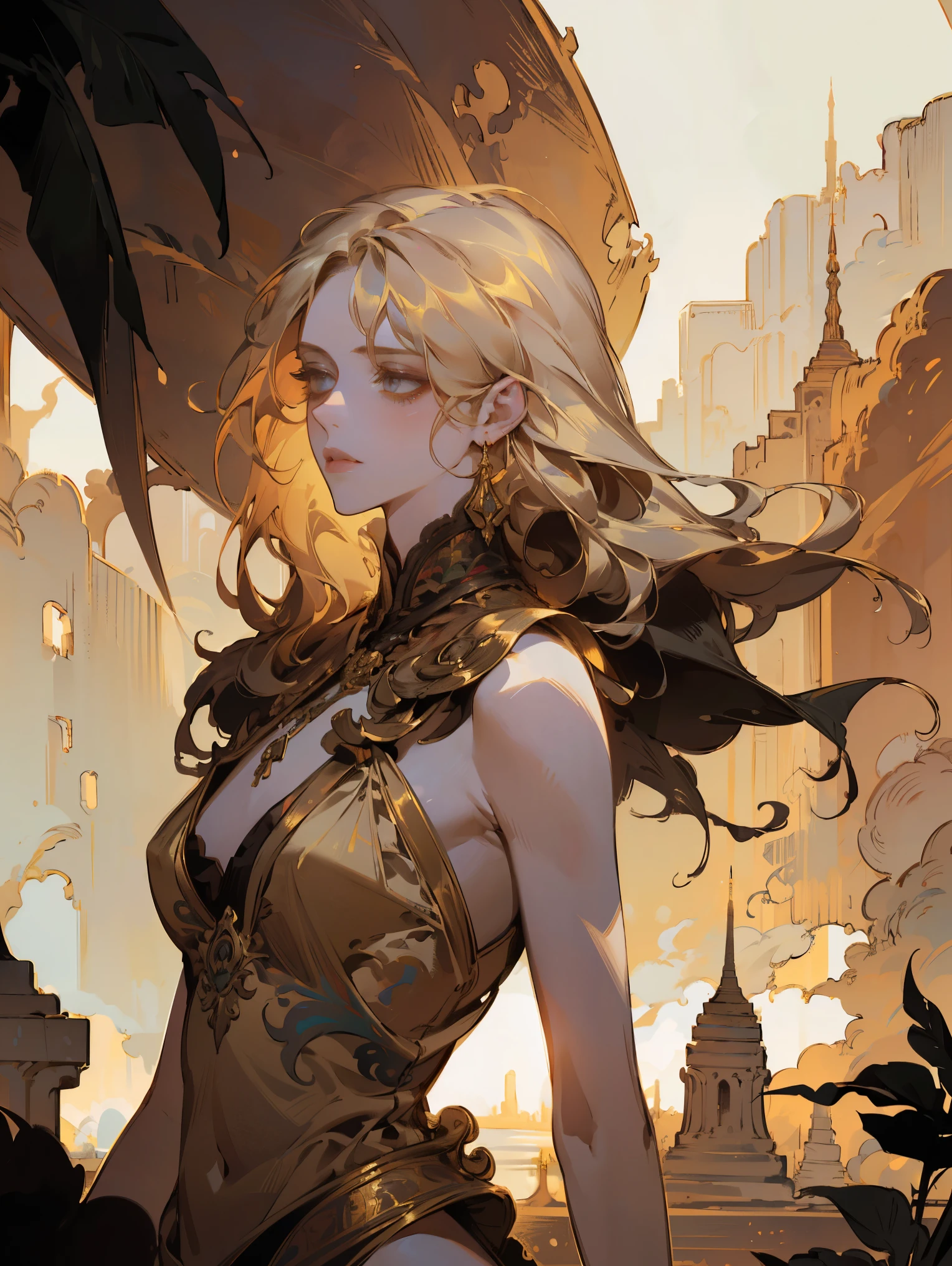 a beautiful detailed girl in a scenic bangkok landscape, peter mohrbacher style, realistic film grain, 8k detailed, high quality, cinematic lighting, muted colors, intricate details, dramatic atmosphere, stunning scenery, lush tropical foliage, ornate architecture, glowing golden sunlight, mesmerizing atmosphere