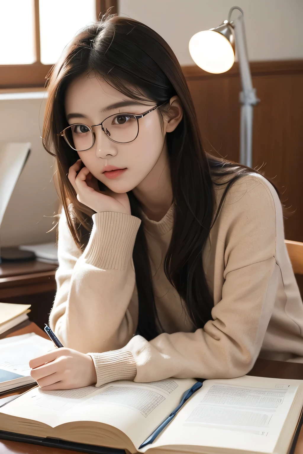 "A pretty Korean girl is sitting at her desk, fully engaged in her studies. Her textbooks and notebooks are neatly organized in front of her, and she is attentively writing notes with a pen. The desk lamp casts a gentle light over her workspace, accentuating her focused and serene expression. She is dressed in a smart , and her neatly styled hair frames her face, adding to her graceful and composed appearance as she immerses herself in her academic work."