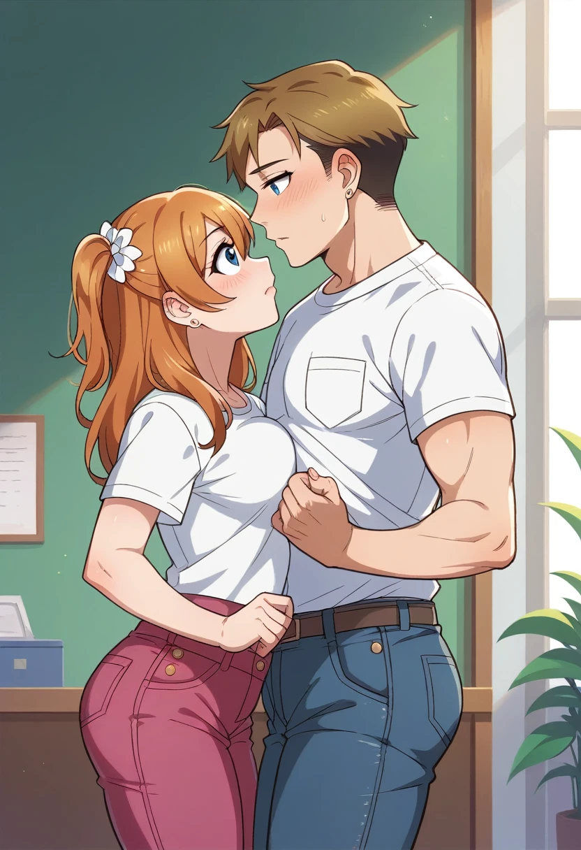 (Masterpiece, Best Quality, High Quality), professional artwork, well drawn, Intricate Details,(((a fat boy and a girl looking at each other))),eye contact,Kousaka honoka, room, earring, t-shirt, midriff peek, denim pants, facing each other, after kiss, curvy hip, blue eyes,breasts press 