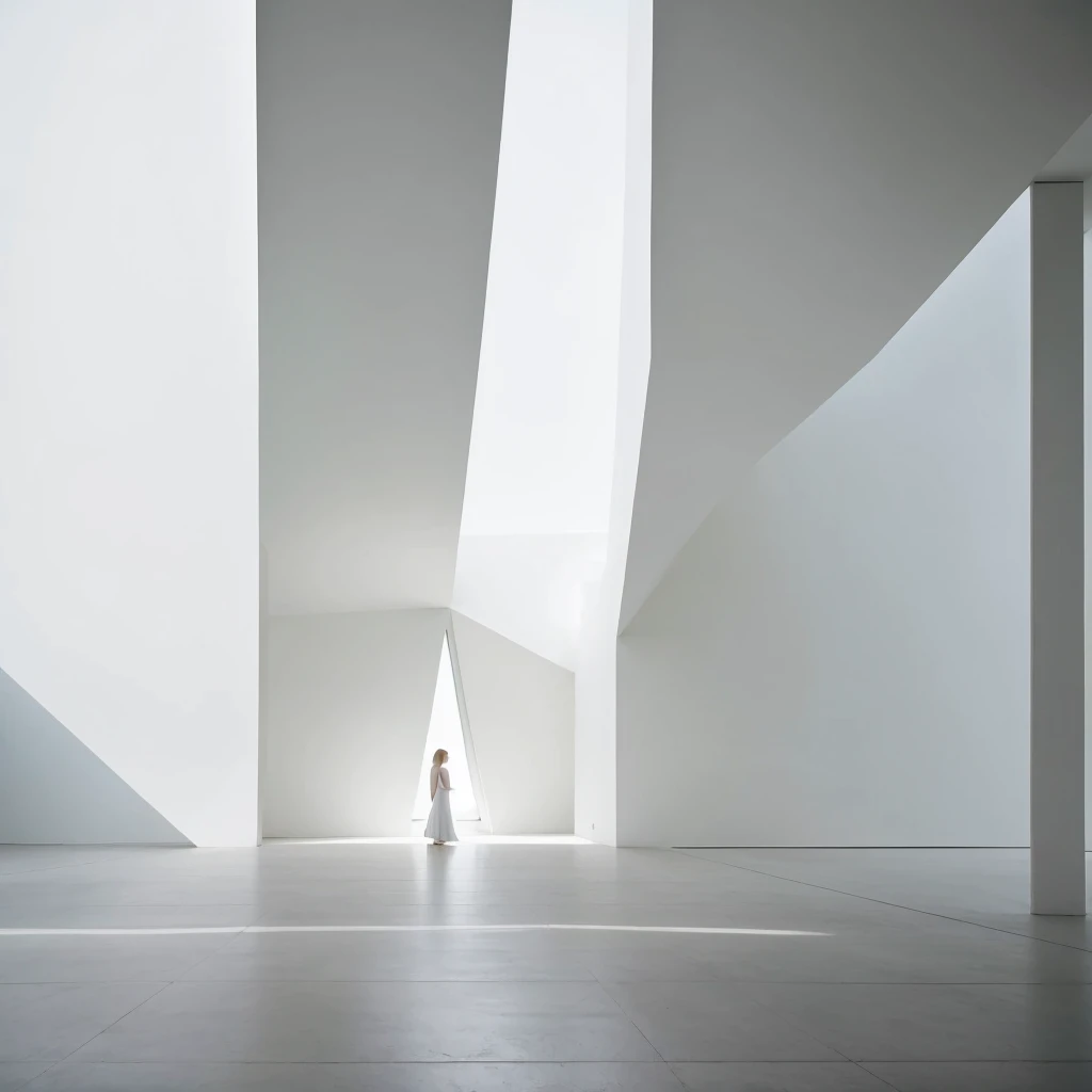 short white hair women the background of a minimalist beautiful white architecture