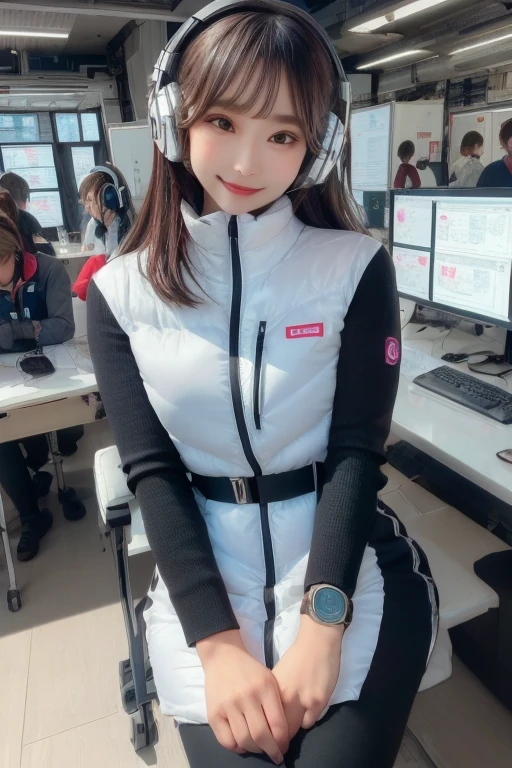 masterpiece, Highest quality, Very detailed, 8K Portrait,Japanese Android Girl,plump , Control panel,Robotic arms and legs, Blunt bangs,,break (Metallic Gray, Metallic luster, Mirror finish, Astro Best):5,headphone:5,break (Black sleeves):100,Smart Watches,Futuristic space station,Control Room,break headphone,blue eyes,(Black Hair):2,(Long Hair):1.3,Viewer Display,(respirator),break blush:3,Hidden Hand,smile