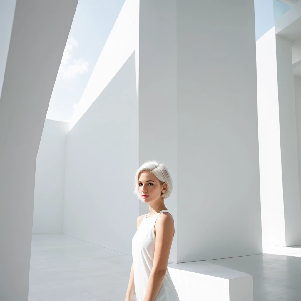  short white hair women the background of a minimalist beautiful white architecture 