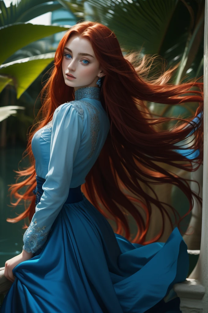 16 year old Sophie Turner, ultra detailed face, ultra detailed blue eyes, long red hair, (dress, long skirt), tropical water, (((masterpiece)))