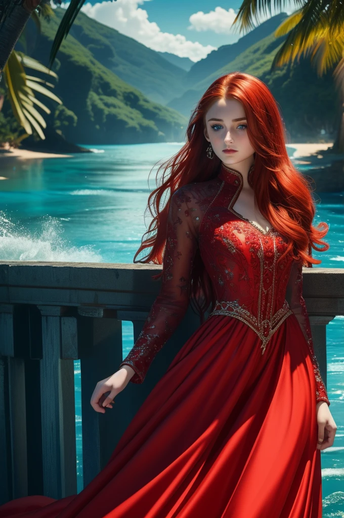 16 year old Sophie Turner, ultra detailed face, ultra detailed blue eyes, long red hair, (dress, long skirt), tropical water, (((masterpiece)))