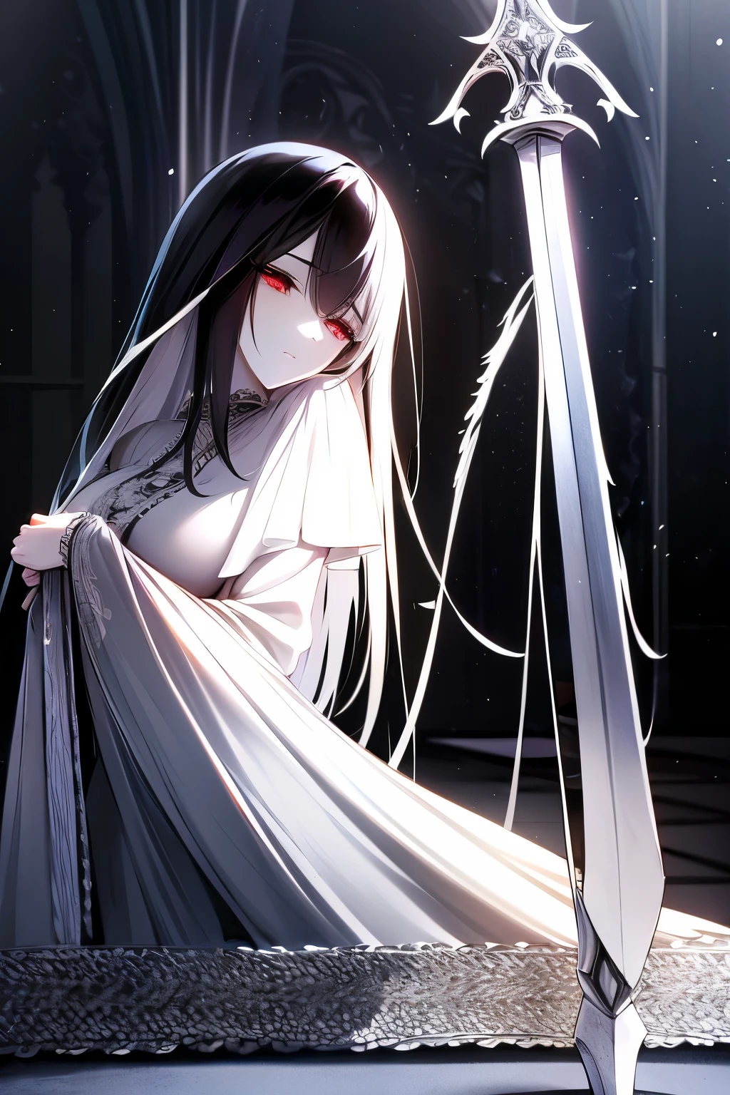 Gothic queen with long, elegantly styled black hair and pale skin. She has large, two-toned wings, black on one side and white on the other. She wears a regal black dress with intricate lace details and flared sleeves, adorned with silver accents. Her expression is melancholic, and she holds a beautiful white sword close to her. The room is dimly lit with flickering candles, casting shadows on stone walls. 8k resolution, high qualitiy, masterpiece, fantasy, dark fantasy, ((high detailed face)), ((detail)), shadow