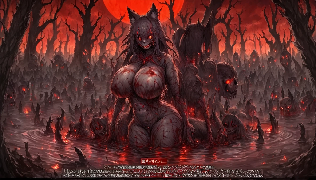 a beautiful detailed kitsune woman with long black fox ears and tails, glowing red eyes, highly detailed and curvy figure, large breasting a towel, ruling over a lake with a huge red blood moon reflecting in the water, surrounded by a burning forest full of charred corpses, terr smile with glowing red eyes, body covered in dark sinister stains, (best colors,extreme detail description,professional,horror,fantasy