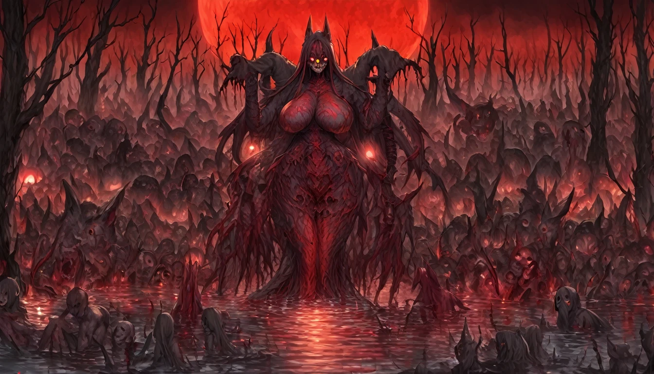 a beautiful detailed kitsune woman with long black fox ears and tails, glowing red eyes, highly detailed mature and curvy figure, large breasts, holding a towel, ruling over a lake with a huge red blood moon reflecting in the water, surrounded by a burning forest full of charred corpses, terrifying smile with glowing red eyes, body covered in dark sinister stains, (best colors,extreme detail description,professional,horror,fantasy