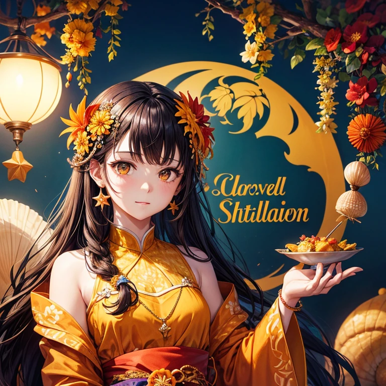 absurd, high resolution, Extremely detailed, 1 Girl, Solitary, Extremely detailed eyes, starfish, seashell, shell, flower, have, Hair accessories, Jewelry, straw have, Looking at the audience, sunglasses, have flower, straw, Hairpin, earrings, red flower, have色眼镜, yellow flower, Bangs, English text, Colorful hair, orange flower, Black Hair, ring, cup, Long hair, orange-have色眼镜, food, Brown hair, portrait, shell Hair accessories