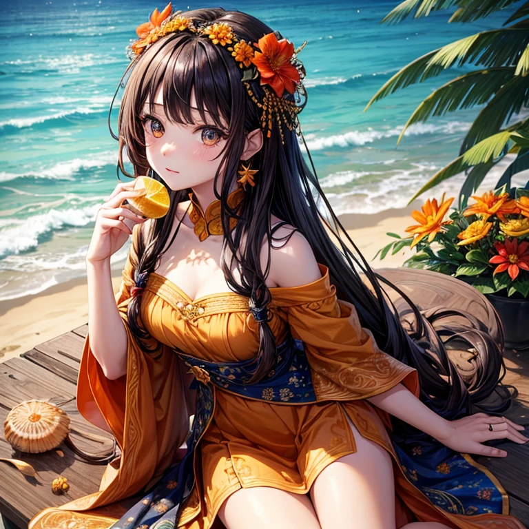 absurd, high resolution, Extremely detailed, 1 Girl, Solitary, Extremely detailed eyes, starfish, seashell, shell, flower, have, Hair accessories, Jewelry, straw have, Looking at the audience, sunglasses, have flower, straw, Hairpin, earrings, red flower, have色眼镜, yellow flower, Bangs, English text, Colorful hair, orange flower, Black Hair, ring, cup, Long hair, orange-have色眼镜, food, Brown hair, portrait, shell Hair accessories