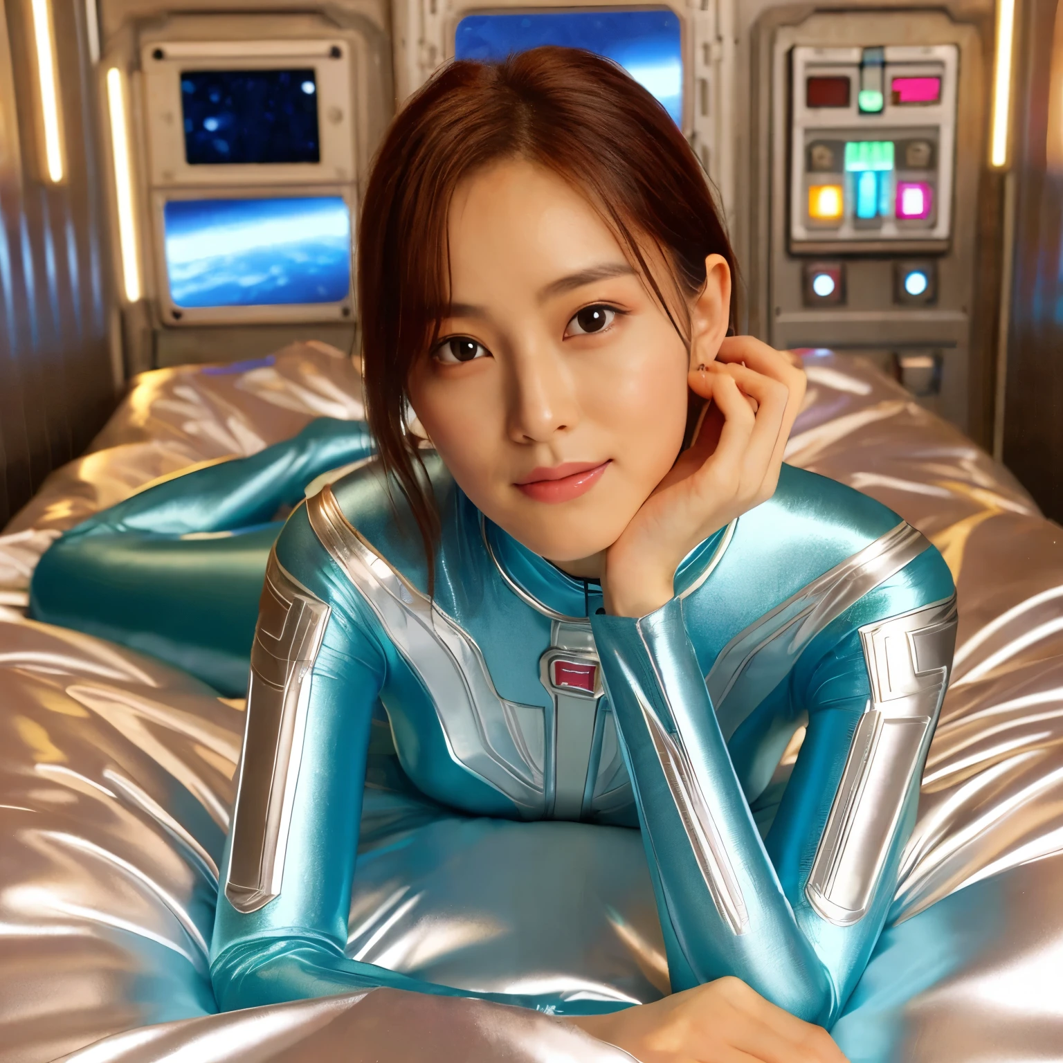 best image quality、Super high resolution、(realism:1.4)、Korean beauty star、The most beautiful KPOP star、horny face、Horny Korean makeup、erotic expression、A body that makes you want to touch it、erotic photos、((Realistic shiny satin fabric texture、High-gloss stretch satin fabric that is smooth and smooth to the touch.、The drape of the curved part of the shiny satin fabric、strong shiny costume、The smooth and beautiful quality and luster of the costumes、A shiny costume made of high-quality satin fabric with high density.、Smooth to the touch oil light liang ultra-class battleship skin coat COS、Super SentaiWomen&HeroineSuit、Texture of costumes that satin fetishists respond to、Thin, glossy stretch satin fabric)),8K photo quality