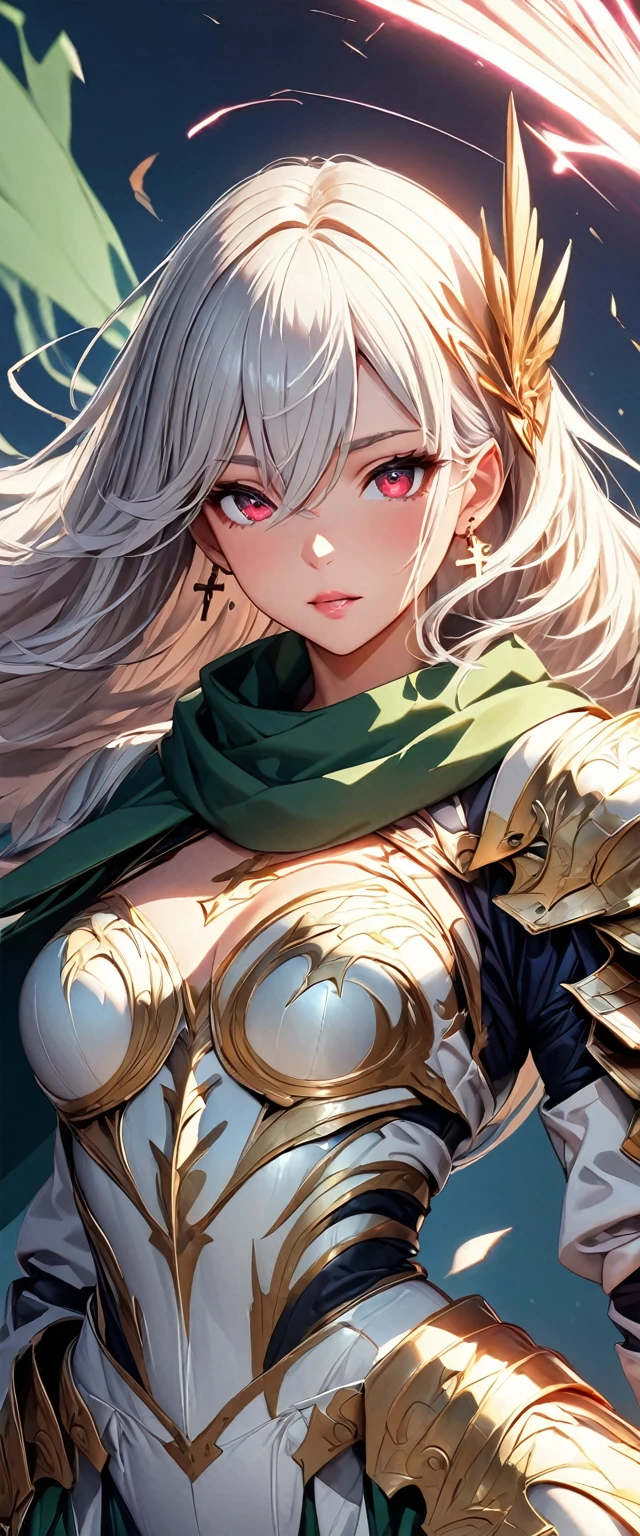 (Perfect Anatomy)、Mastepiece、Ultra High Quality、 8K、masterpiece、Highest quality、Ultra-high resolution、Maximum resolution、Very detailed、Professional Lighting、anime、woman、thin、Very beautiful face、Beautiful eyes、(Highly detailed eye)、Highly detailed face、White armor,Cross earrings,Gray Hair, hairs between eyes, Red eyes,White leotard、Gloss Lip、Pink Lips、Detailed armor patterns、grassland, full body, (((spear))), armored dress, hair accessory, gold pattern, big shoulder armor, high heels boots, green scarf, Conjuring wind with magic, Creating magical whirlwinds