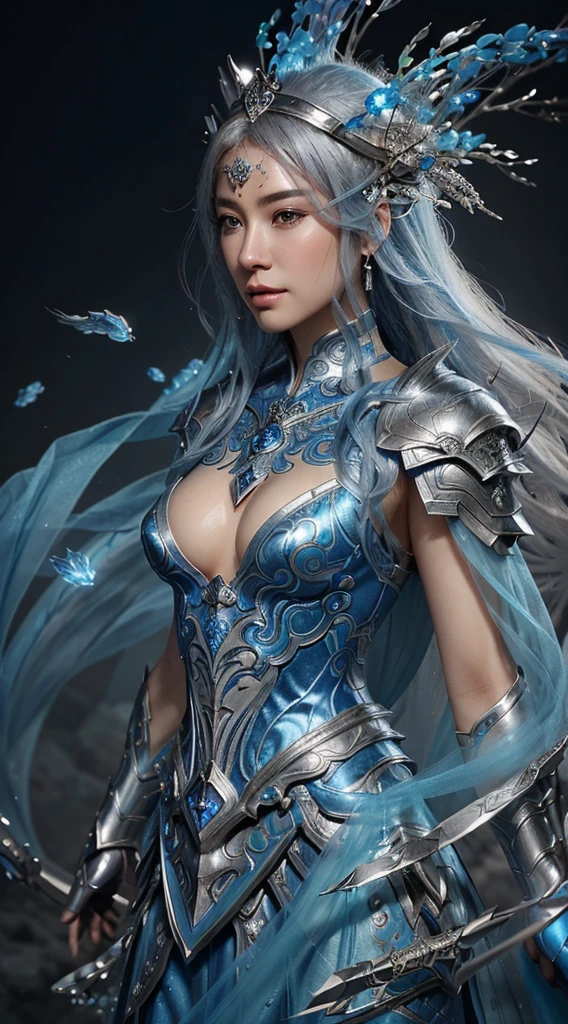 a close up of a woman in a silver and blue dress, chengwei pan on artstation, by Yang J, detailed fantasy art, stunning character art, fanart best artstation, epic exquisite character art, beautiful armor, extremely detailed artgerm, detailed digital anime art, artgerm on artstation pixiv, armor girl