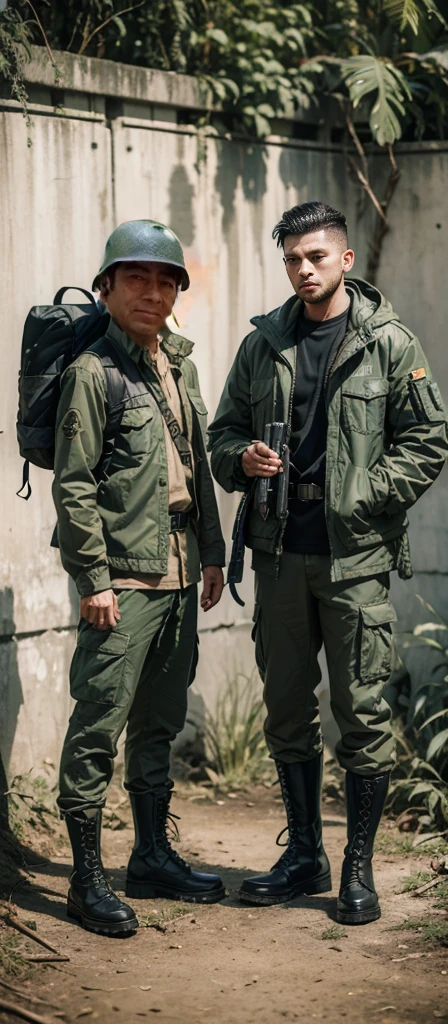  
Man wearing steel pot and chinstrap, wear cotton and nylon jacket OG- 107 , OG-107 6-pocket pants, jacket with 4 pockets and button closure, He has black leather jungle boots, rubber sole and laces, The man carries and has Canteen Dressed with Belt, schoolbag, By the way, bayonet,Grenades,ammunition, rifle, dressed as a war soldier, of them intricate, photo taken in the jungle of vietnam, jungle scene,, both dressed in green jackets, real photo, no photo errors, Masterpiece,
