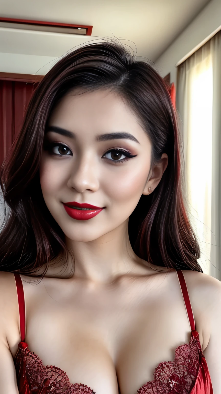 instagram photo, closeup face photo of 23 y.o Chloe in kebaya, Red Lipstick, sensual Lipstick, Sensational Make Up, cleavage, pale skin, (smile:0.4), hard shadows, Red G-STRING, bright lighting 