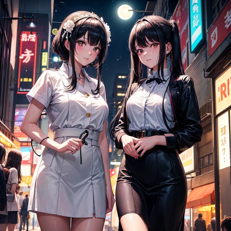 (Backlight,Umbilical cord:1.1,Black Hair),Beautiful girls in school uniforms on the busy streets of Gintama, There are vendors all around, Beautiful portrait of a stunning goddess girl, Beautiful and delicate face, Porcelain skin, Half-length photo, Center,((moonlight,night,Big neon sign,Strong neon lights,Rim Light,Two-tone lighting))),