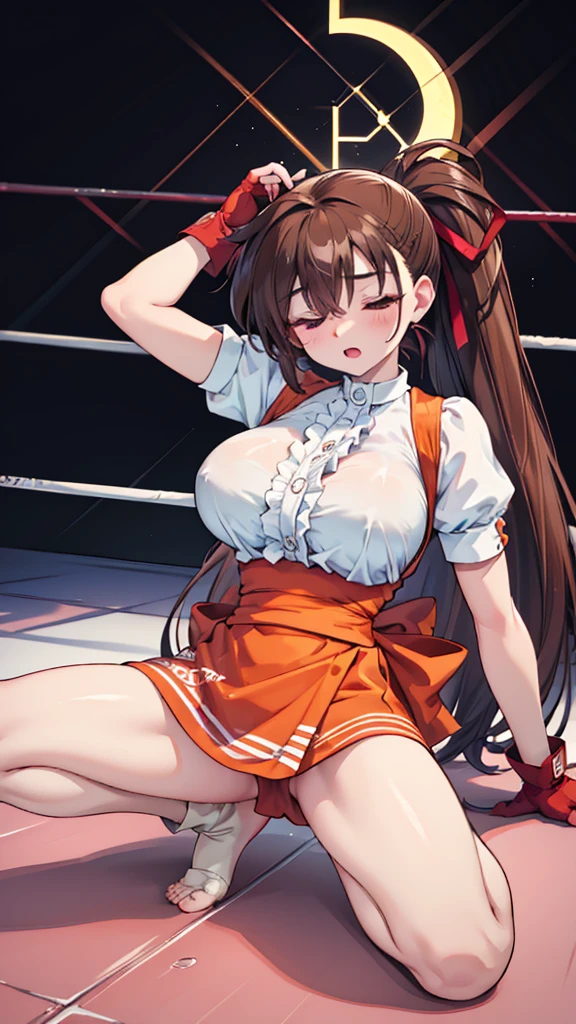 Highest quality，masterpiece，pulling another's hair
pulling another's head
grabbing another's head, Lying down，sleep，(レスリングのリングにLying down, WWE Divas，Wrestling Arena，Wrestling ring background, Boxing ring background), 仰向けにsleep, Lack of stamina, Ryona, Hitting a girl, death is near，タケユカ 超ロングヘア ヘアribbon, Frilled shirt, Underbust, ribbon, Fingerless gloves, White gloves, Waist apron, Orange Skirt, socks, Toeless legwear，winner, Nice, winner, (Moaning , Open your mouth), ((, 仰向けにsleep, 地面にsleep, lose consciousness, Unconscious, )), , ( Tilt your head),
