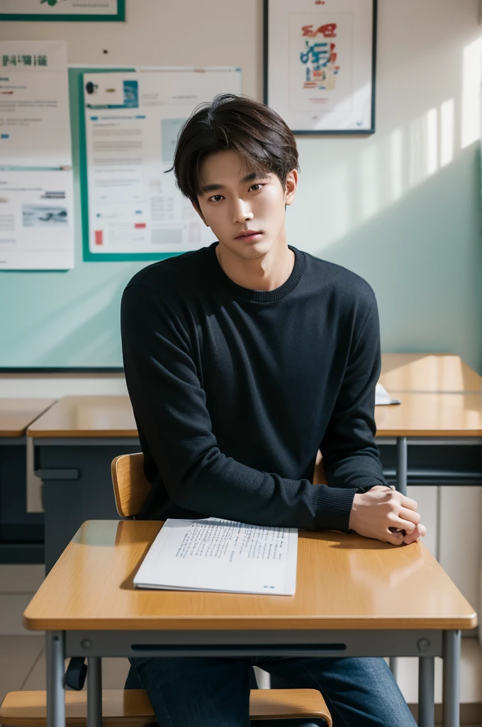 there is a man sitting at a table with a laptop, yihao ren, ryan jia, yan, leng jun, in a classroom, sitting in the classroom, inspired by Wen Zhenheng, ruan jian, sitting at his desk, inspired by Zhang Zongcang, in a school classroom, xintong chen, cover photo portrait of du juan