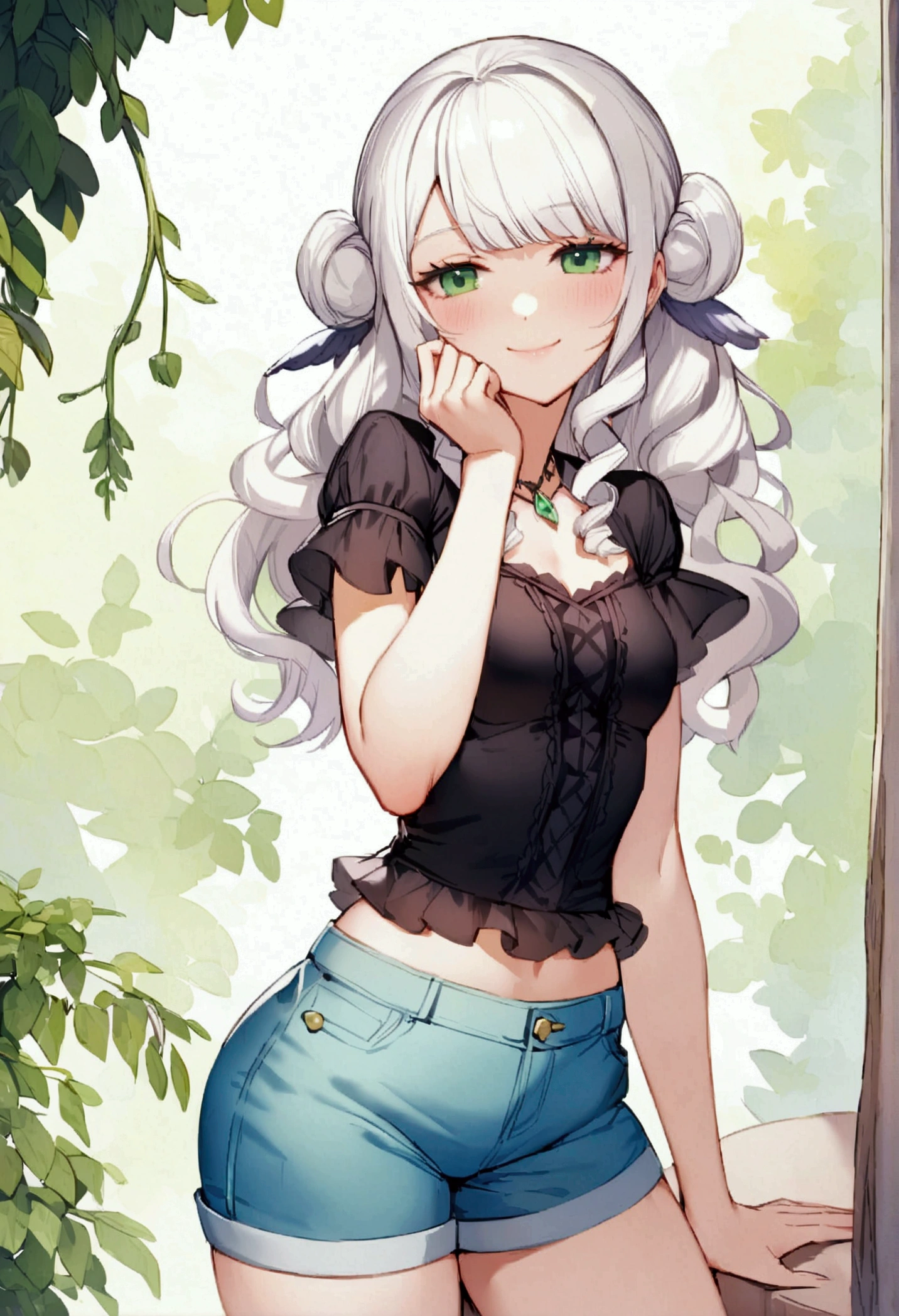 beautiful slut girl alvina blanca, beautiful green eyes, long white hair, light blue short jean shorts, black solera blouse, smiling slightly in a flirtatious manner