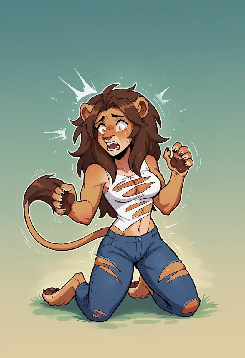 lap, looking shocked, looking surprised, painful expression, (a African-American high school girl is getting transformed into a lion), , digitigrade, high school girl is getting transformed into a lion , ripped clothes, breast, bust, BREAK (by zackary911, by braeburned, by haps), (transformation:1.2), on knees, ripped clothes , (human face:1), skinny, long hair, at a cat contest , mostly transformed barely human anatomy, hair , lion tail, BREAK