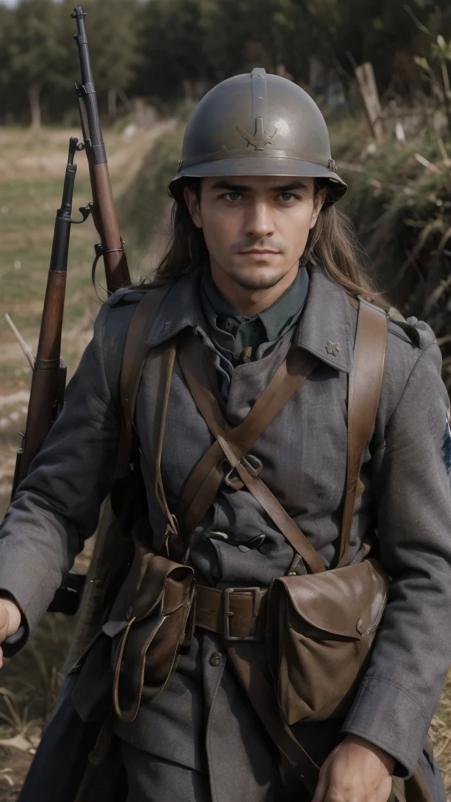 (masterpiece), best quality, expressive eyes, perfect face, All quiet on western Front, man, trenches, dirty, uniform, realistic, HD, Rifle, Orlando Bloom, big bag, French army, regiment, France, aiming position, pov, Far view, shot, shooting, fighting, Johto