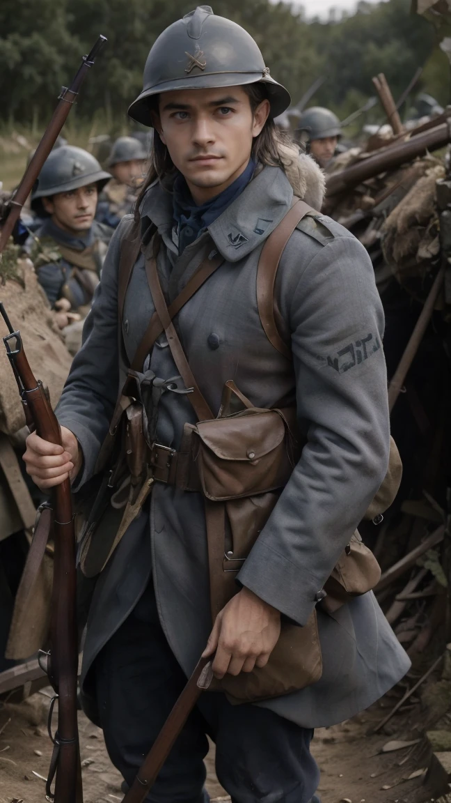 (masterpiece), best quality, expressive eyes, perfect face, All quiet on western Front, man, trenches, dirty, uniform, realistic, HD, Rifle, Orlando Bloom, big bag, French army, regiment, France, aiming position, pov, Far view, shot, shooting, fighting, Johto