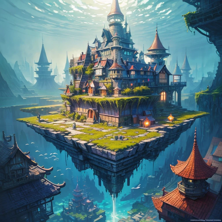 color (fantasy: 1.2), (Miyazaki style), (Irregular buildings floating on the seabed), Patchwork cottage, Moss decorations, coral, lamp, Concept art inspired by Andreas Rocha, Artstation Contest Winners, fantasy art, (Underwater city), Ross Chen, Optical axis, 逼真的lamp光, masterpiece, high quality, Beautiful graphics, High Detail, masterpiece, high quality, Beautiful graphics, High Detail, 