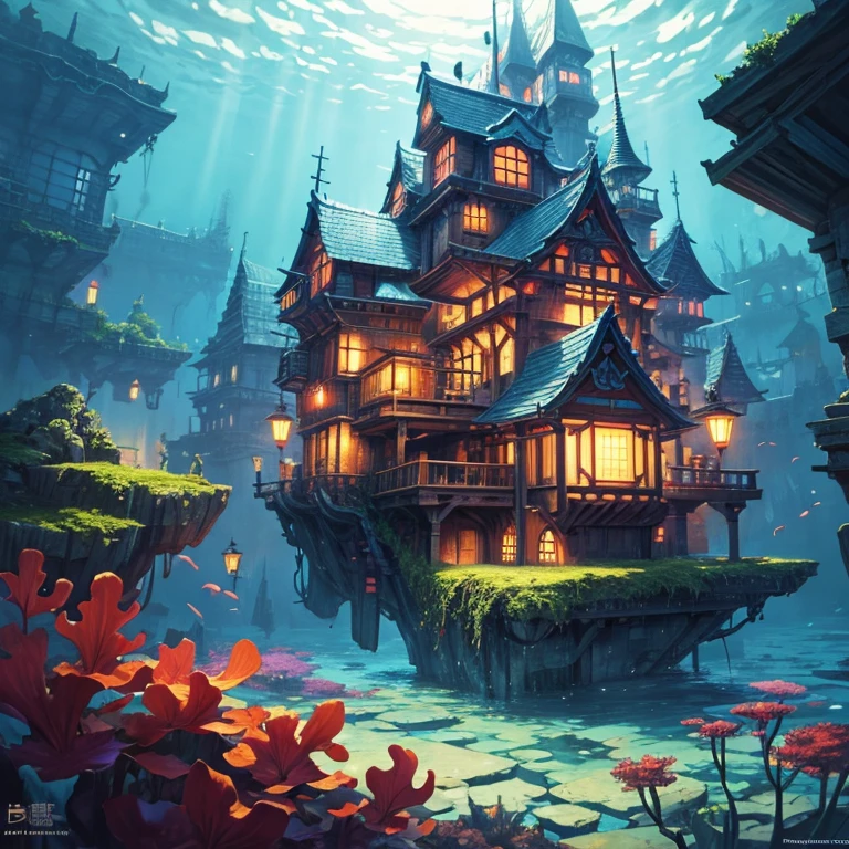 color (fantasy: 1.2), (Miyazaki style), (Irregular buildings floating on the seabed), Patchwork cottage, Moss decorations, coral, lamp, Concept art inspired by Andreas Rocha, Artstation Contest Winners, fantasy art, (Underwater city), Ross Chen, Optical axis, 逼真的lamp光, masterpiece, high quality, Beautiful graphics, High Detail, masterpiece, high quality, Beautiful graphics, High Detail, 