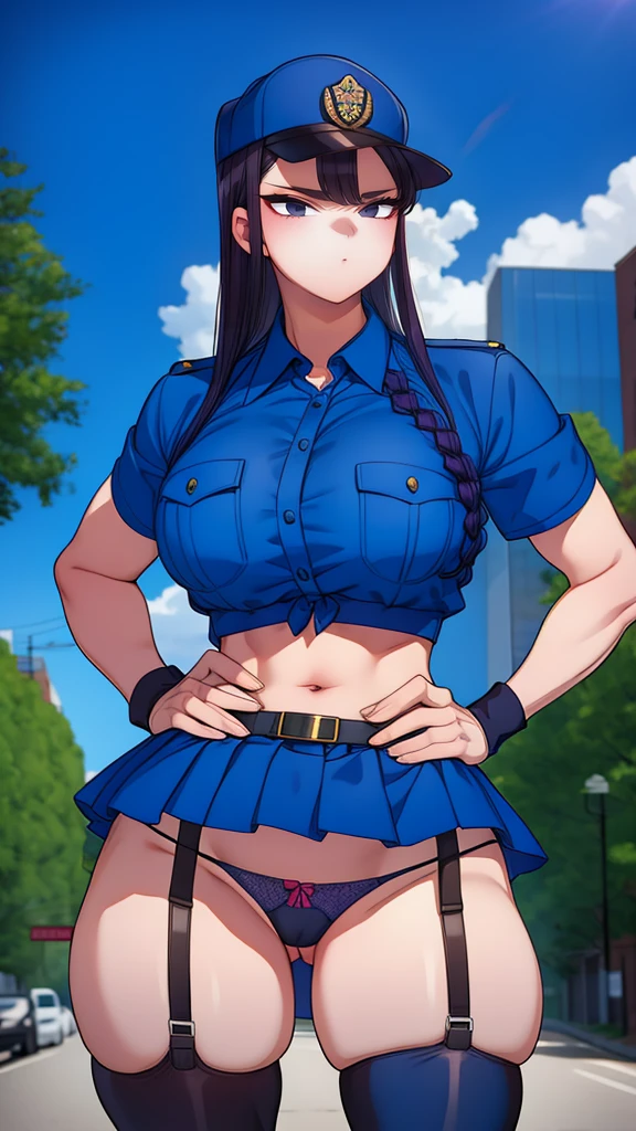 a cartoon character in a sexy suit posing on the street with a bush, police officer, police uniform, 1 girl, police woman, shirt, skirt, hat, tie, police cap, blue eyes, gloves, breasts, purple hair very dark, thighs, solo, navel, garter straps, looking at viewer, short sleeves, large breasts, underwear, miniskirt, midriff, ass visible through thighs, panties, outdoors, indentation, braid, hand in hand hip, belt, black skirt, uniform, collared shirt, frown, thigh highs, peaked cap, crop top, black panties, blue shirt, chest pocket, V-shaped eyebrows, Eiko Tsukimi, blue eyes, purple hair very dark baseball cap