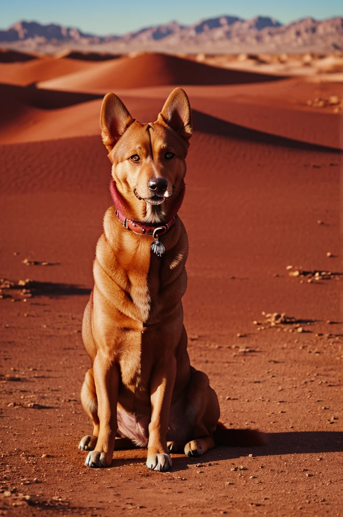 ((Dog)) ((in)) ((desert background))  ((red fur color))